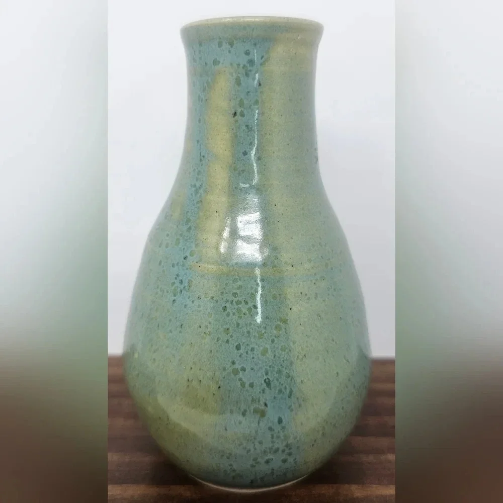 Handmade Pottery Vase Signed By Lana? Green Blue Textured Floral Detailed 6x3